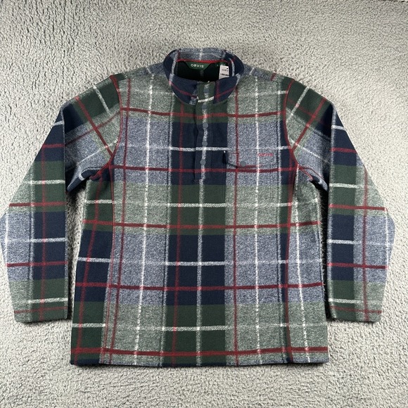 Orvis‎ Mountain Snap Button Mock Fleece Mens Large Multicolor Plaid Pullover NWT - Picture 1 of 8